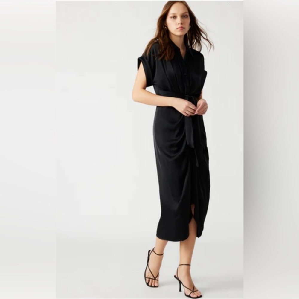 Steve Madden TORI Tony black‎ satin effect ruched front shirt dress size small